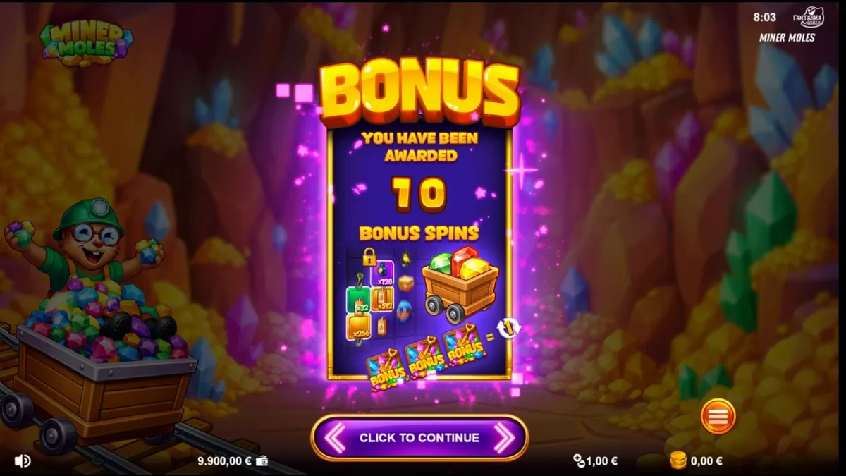 Tampilan visual slot Miner Moles dengan karakter tikus tanah dan elemen pertambangan.