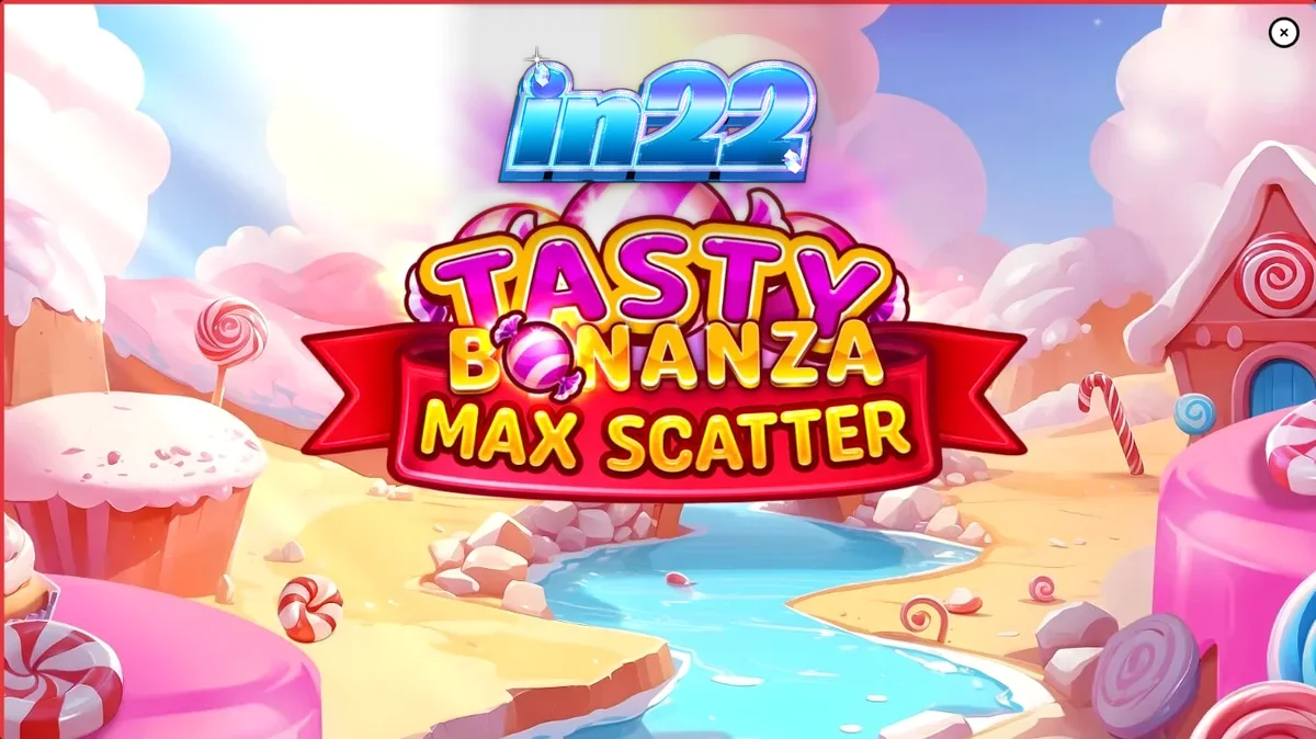 Tampilan visual penuh warna dari slot Tasty Bonanza Max Scatter dengan simbol permen yang cerah.