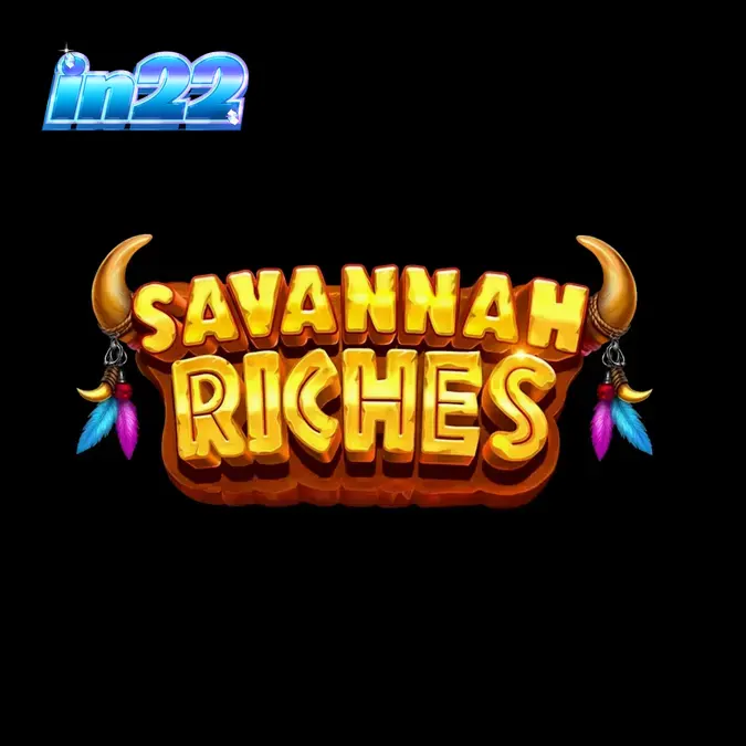 Pemandangan sabana Afrika saat matahari terbenam dengan simbol slot Savannah Riches yang menampilkan singa, zebra, dan gajah.